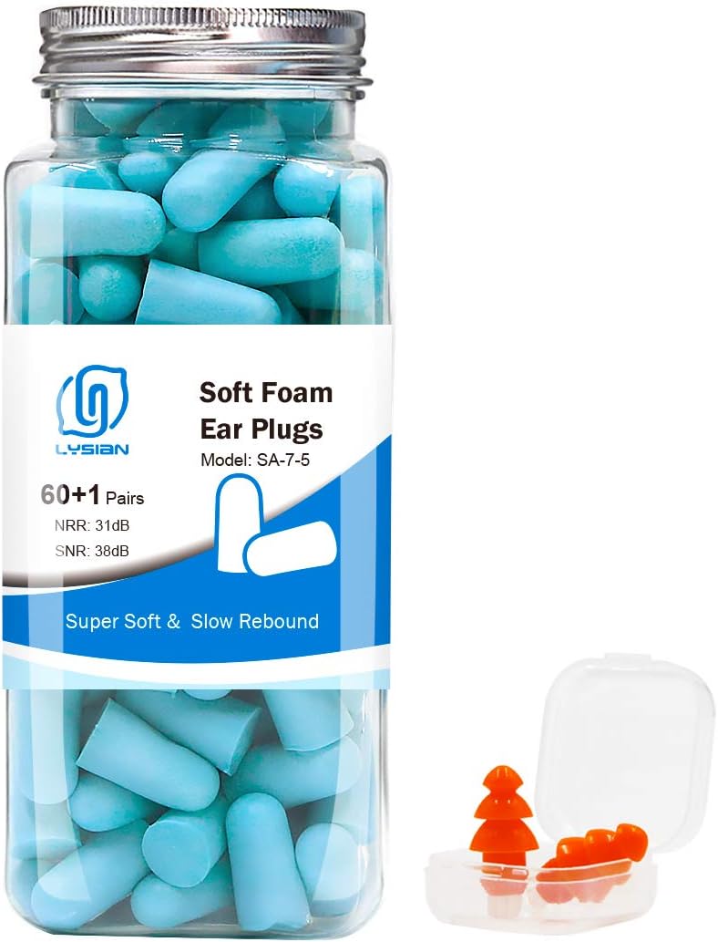 LYSIAN Lake Blue Ultra Soft Foam Earplugs 60 Pairs with Reusable Silicone Earplug, 38dB SNR Ear Plugs, Sleeping, Snoring, Work, Shooting and All Loud Events : Health & Household
