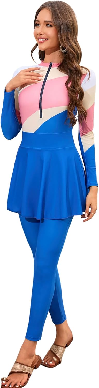 IDOPIP Muslim Burkini Swimsuits for Women's One Piece Swimsuit with Beach Skirt Pants Rash Guard Set 3PCS Modest Bathing Suit