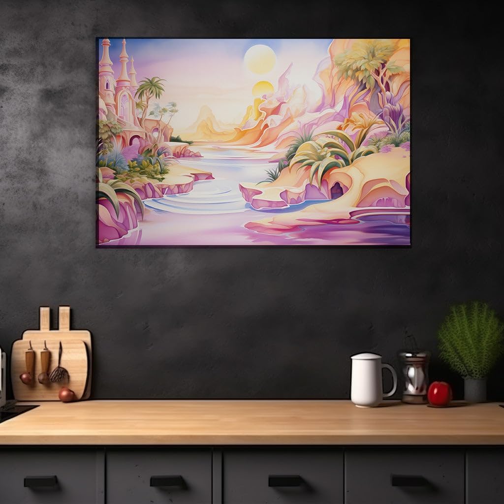 Canvas for Living room. Sunset Serenity: The Enchanted Riverside Castle Oasis, 27 x 18 inch Canvas Wall Art - Contemporary Masterpieces - Modern Home Decor - 69x46 cm (27x18 inch)