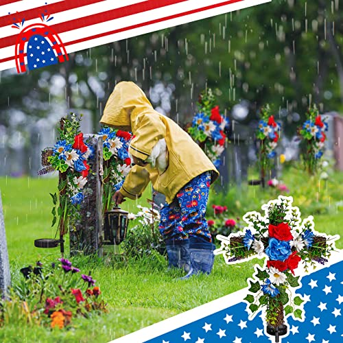 Frienda 2 Pcs Solar Cross Garden Stake Outdoor Lights 4Th Of July Cemetery Decorations For Grave Independence Day Artificial Blooming Flowers With American Flags Memorial Gift For Veterans Patio Decor #TOP4