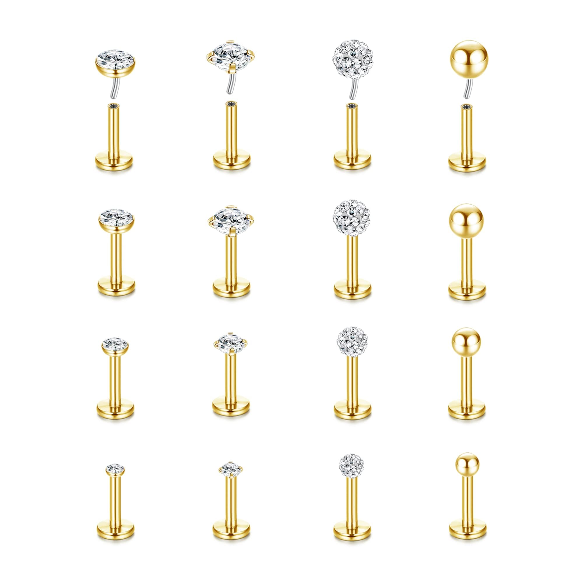 MILACOLATO 16G Piercing Labret Labio Acero Inoxidable Clear CZ Bola Redonda Labio Medusa Nariz Piercing Joyas Plata Oro Piercing Oreja Cartílago Tragus Pendientes para Mujer Hombre 16Piezas 6mm 8mm