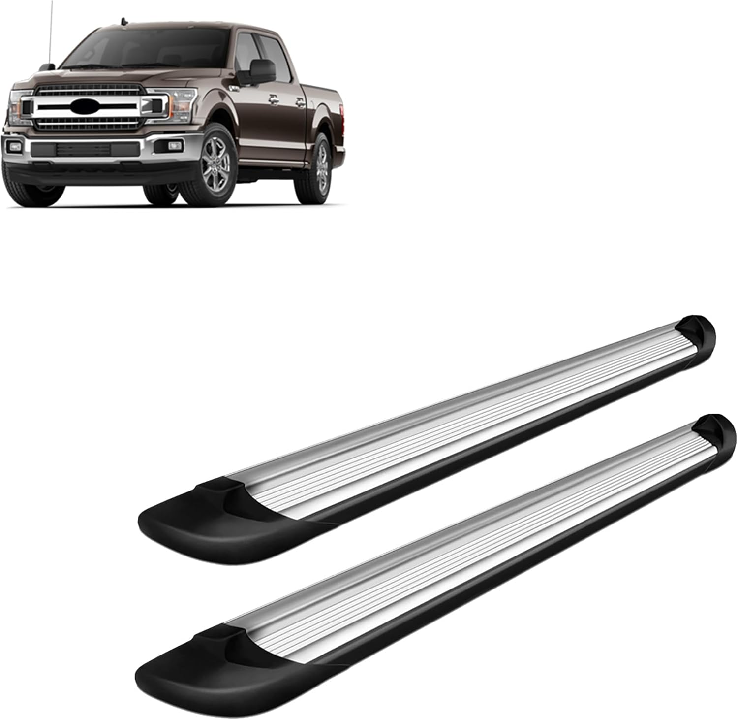 Black Horse Silver Aluminum Transporter Running Boards Compatible with 2015-2024 Ford F-150 SuperCrew Cab / 2017-2024 F-250 350 450 550 Super Duty SuperCrew Cab