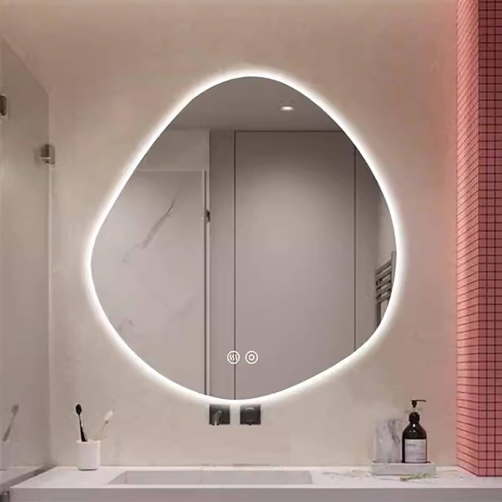WJFTODAY Backlit Irregular LED Bathroom Vanity Mirror 31x33in - Wall Mounted Anti-Fog Dimmable Circle Mirror for Bedroom with CRI 90+ for Perfect Reflection