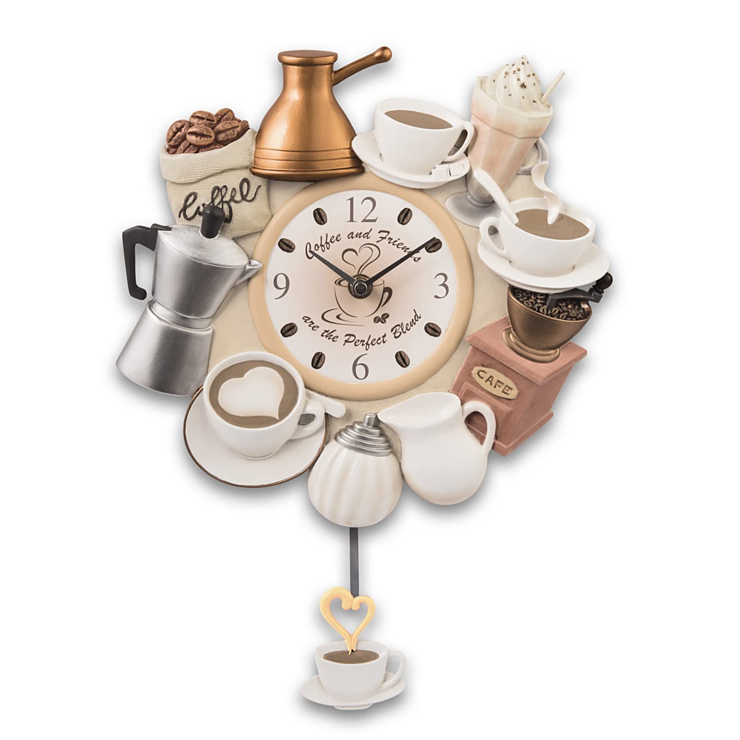 The Bradford Exchange Coffee and Friends Perfect Blend Decorative Wall Clock, 14.25 inches, Coffee Bean Hour Markers, Cup Pendulum