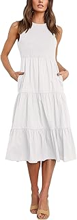 Womens Summer Sleeveless Dresses with Pockets Smocked Tiered Midi Beach Sundress - Buy now