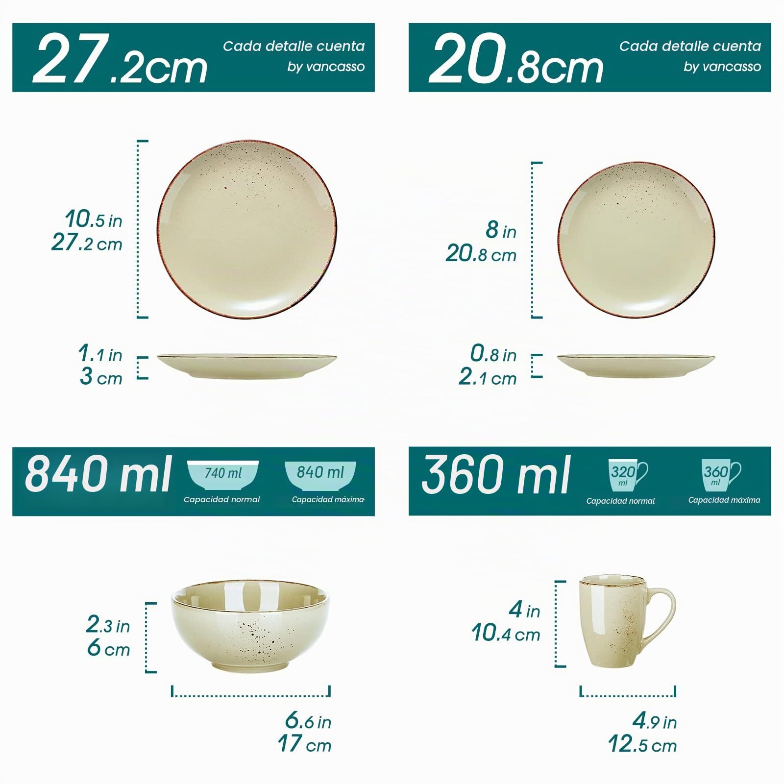 vancasso serie NAVIA Nature Juego de Vajillas 16 Piezas, con Platos de Cena, Postre, Cuencos y Tazas, Esmaltada Gres Vajillas Retro para 4 Personas（Beige）
