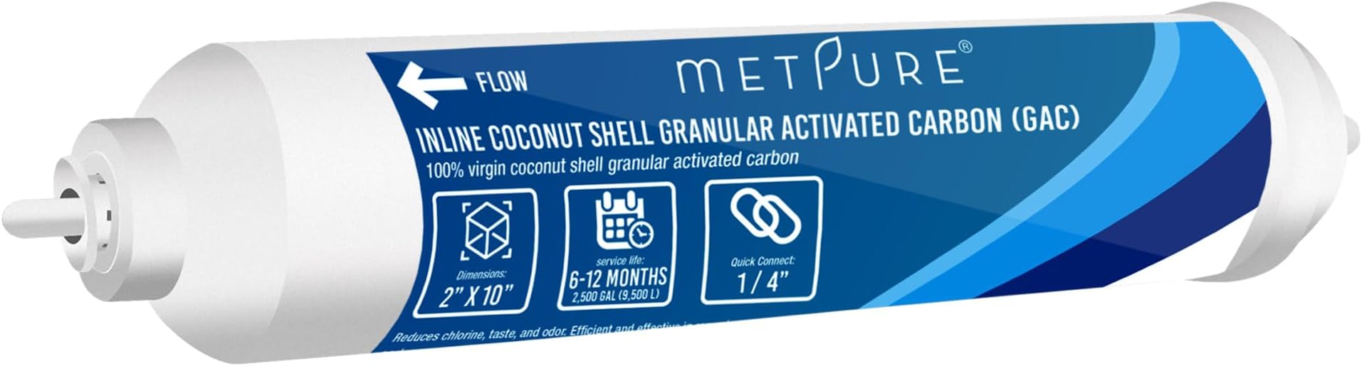 Metpure In line Water Filter 2" x 10" Coconut Shell Post Activated Carbon Water Filter Replacement with 1/4" OD Quick Connects for Inline Reverse Osmosis RO Water Filtration, Refrigerator, Ice Maker