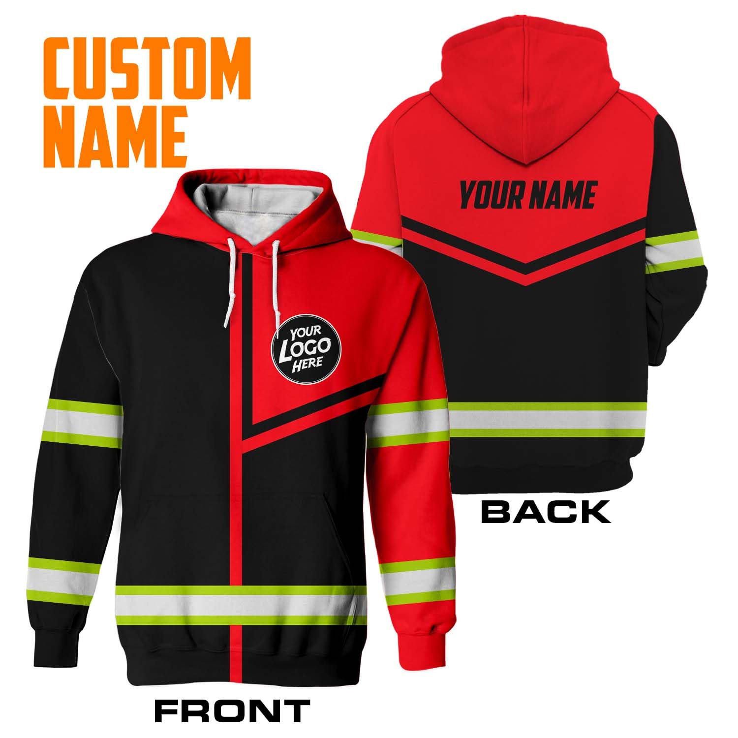 HiVis Custom Company, Group, Team Uniform High Visibility Hoodie for Men Hi Vis Safety Hoodie Black Red Neon Customize Logo and Name with Reflective Tapes-XL