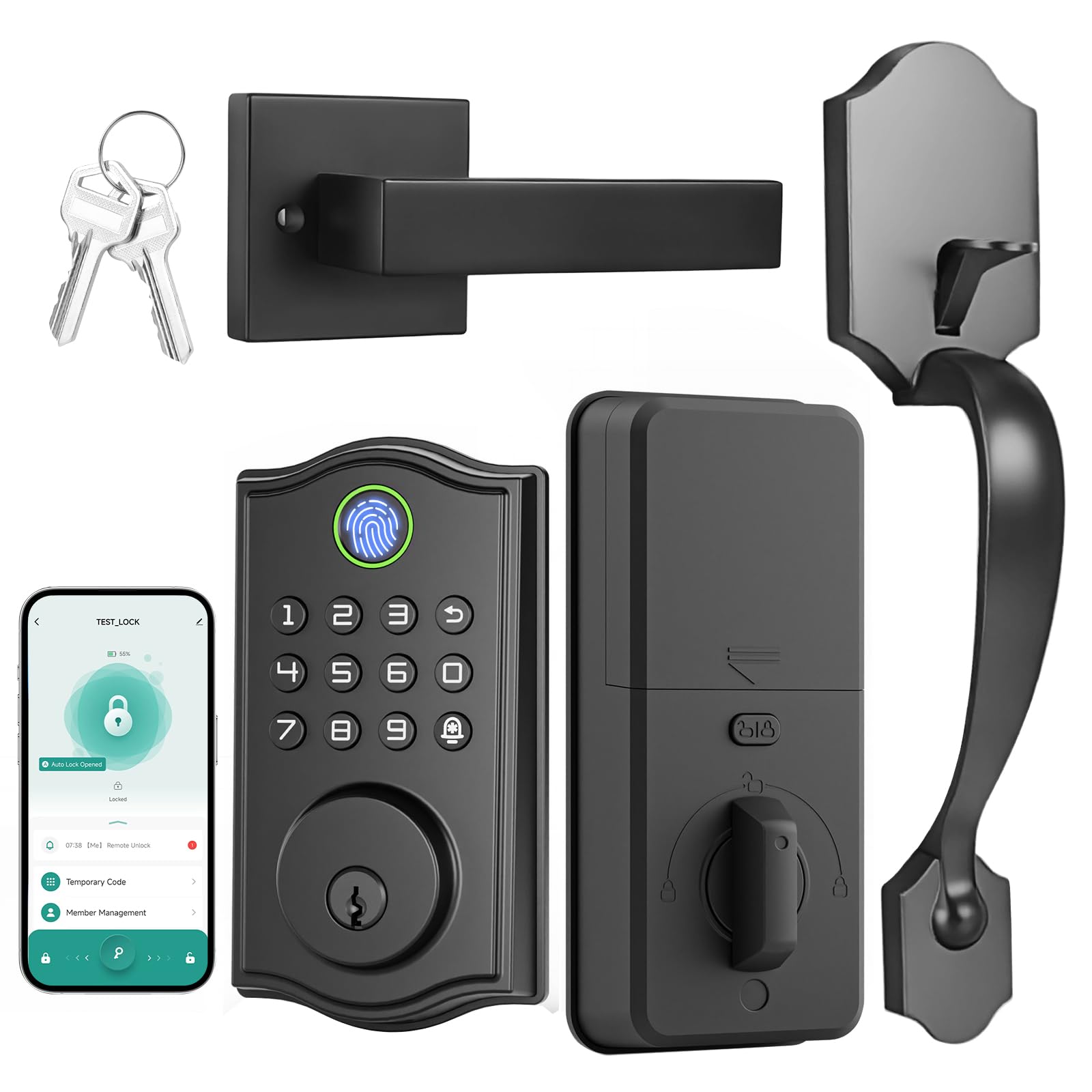 Cerradura inteligente para puerta, cerrojo de entrada sin llave con asa, huella dactilar/aplicación/código/desbloqueo de llave, teclado antimiradas, bloqueo automático, fácil de instalar