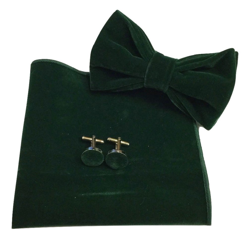 L&L® Men's Classic Velvet Bow Tie + Pocket Square Hanky + Cuff links Set UK (Dark green)