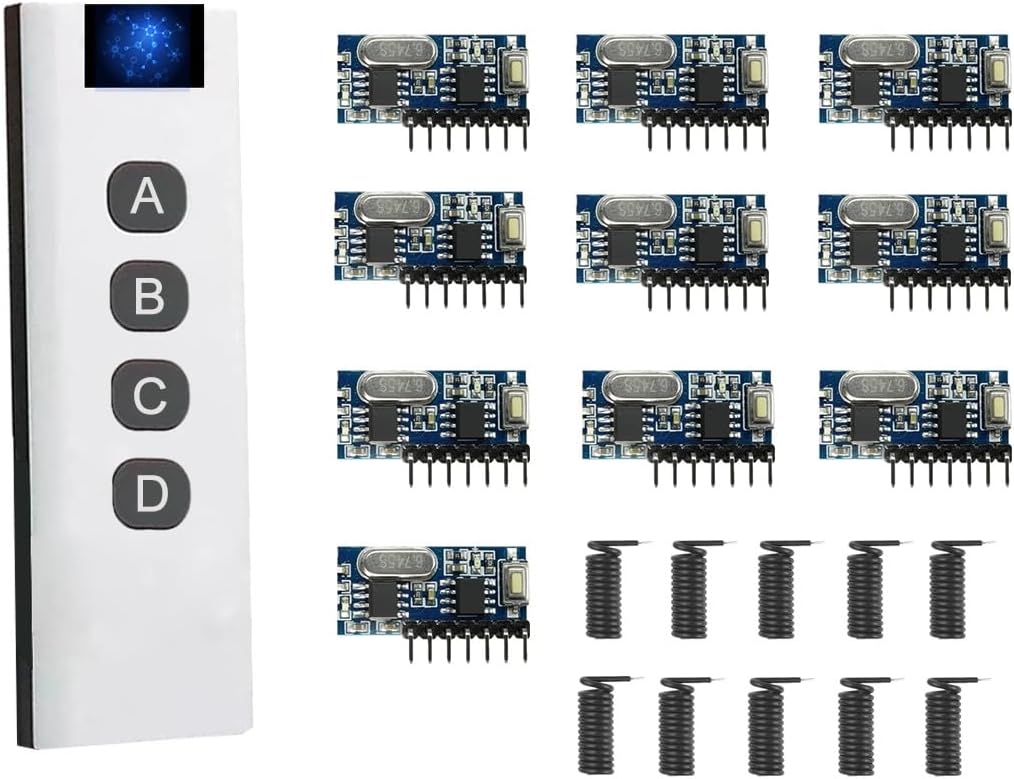 QIACHIP 433MHz Wireless Remote Control System components: a white 10-in-1 remote control on the left, and ten blue receiver modules with small antennas on the right.