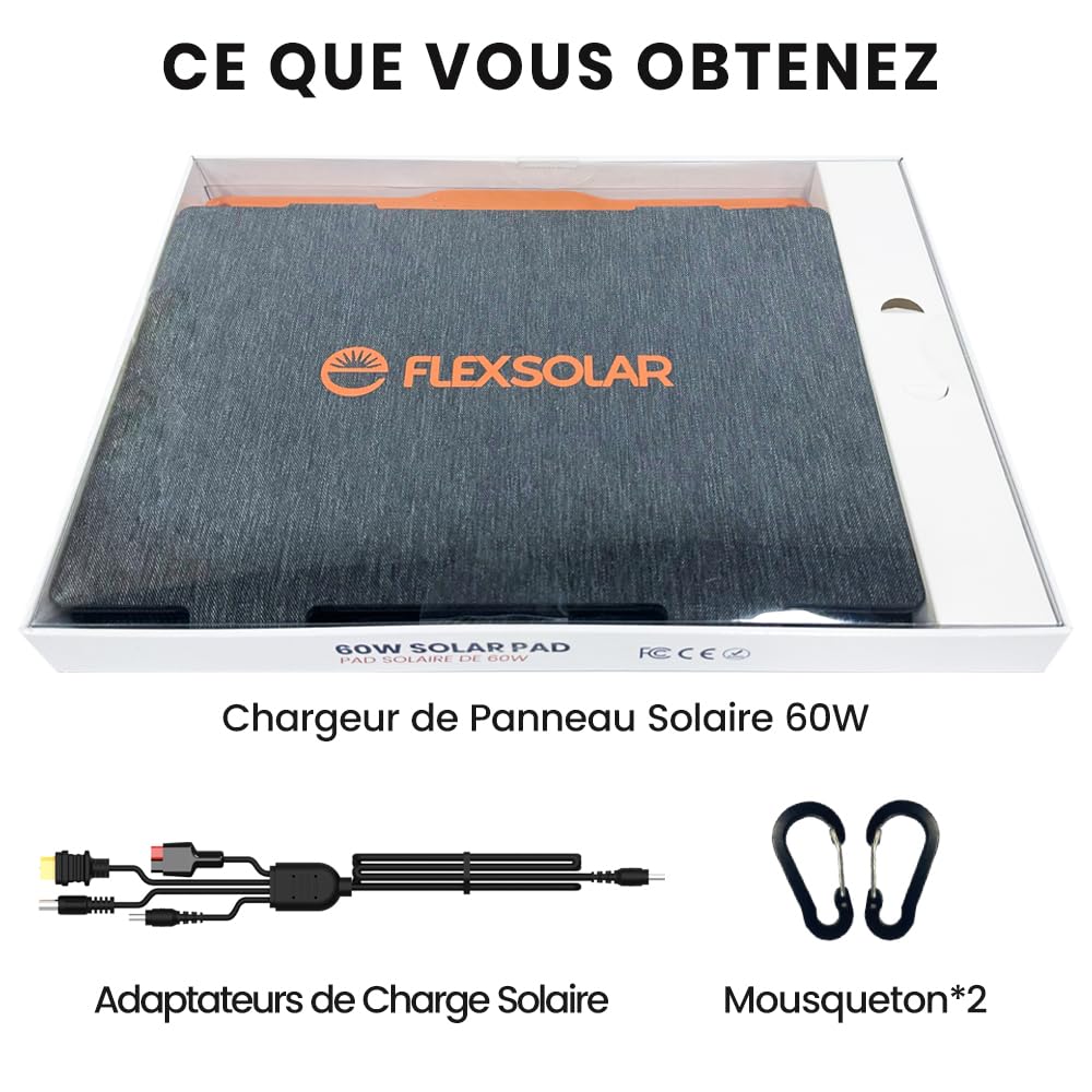 Panneau Solaire 60 W, FlexSolar Portable Chargeur Solaire PliableIP67 Imperméable à l'eau Alimentation d'urgence Camping pour Petit Générateur de Electrique, Téléphone, Alimentation Mobile, PC