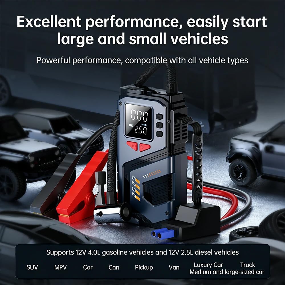 Booster Batteria Auto 12V 10.000mAh con Compressore ad aria 150PSI (6000mAh | Avviamento Batteria Auto Portatile con Schermo LED, per Benzina e Diesel Fino a,Pinze intelligenti,Banca di potere