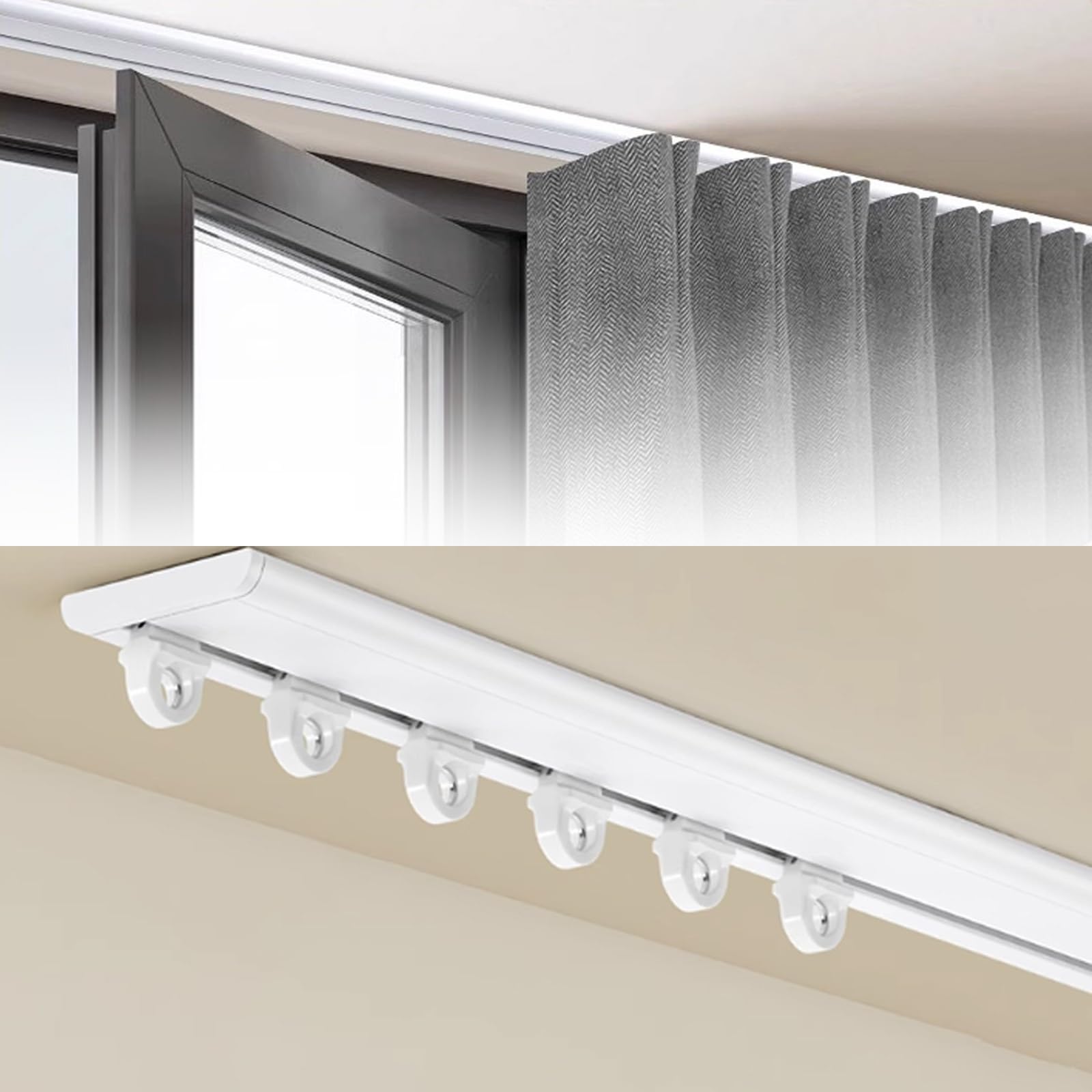 GLDYTVF Silent Heavy-Duty Ceiling Curtain Track 4.4m with Rolling Hooks, Ideal for Living Room, White Ceiling Mount System for Smooth Drapery Installation