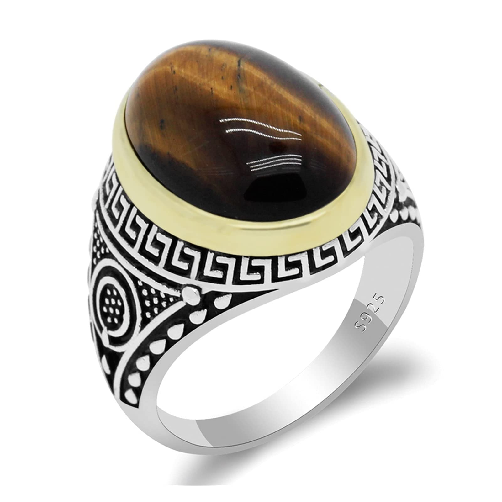 HMJGDHX Herrenringe, antiker Vintage-Ring mit natürlichem Tigerauge-Stein für Männer, großer ovaler Steinring aus 925er Silber für Männer, feiner Silberschmuck aus der Türkei