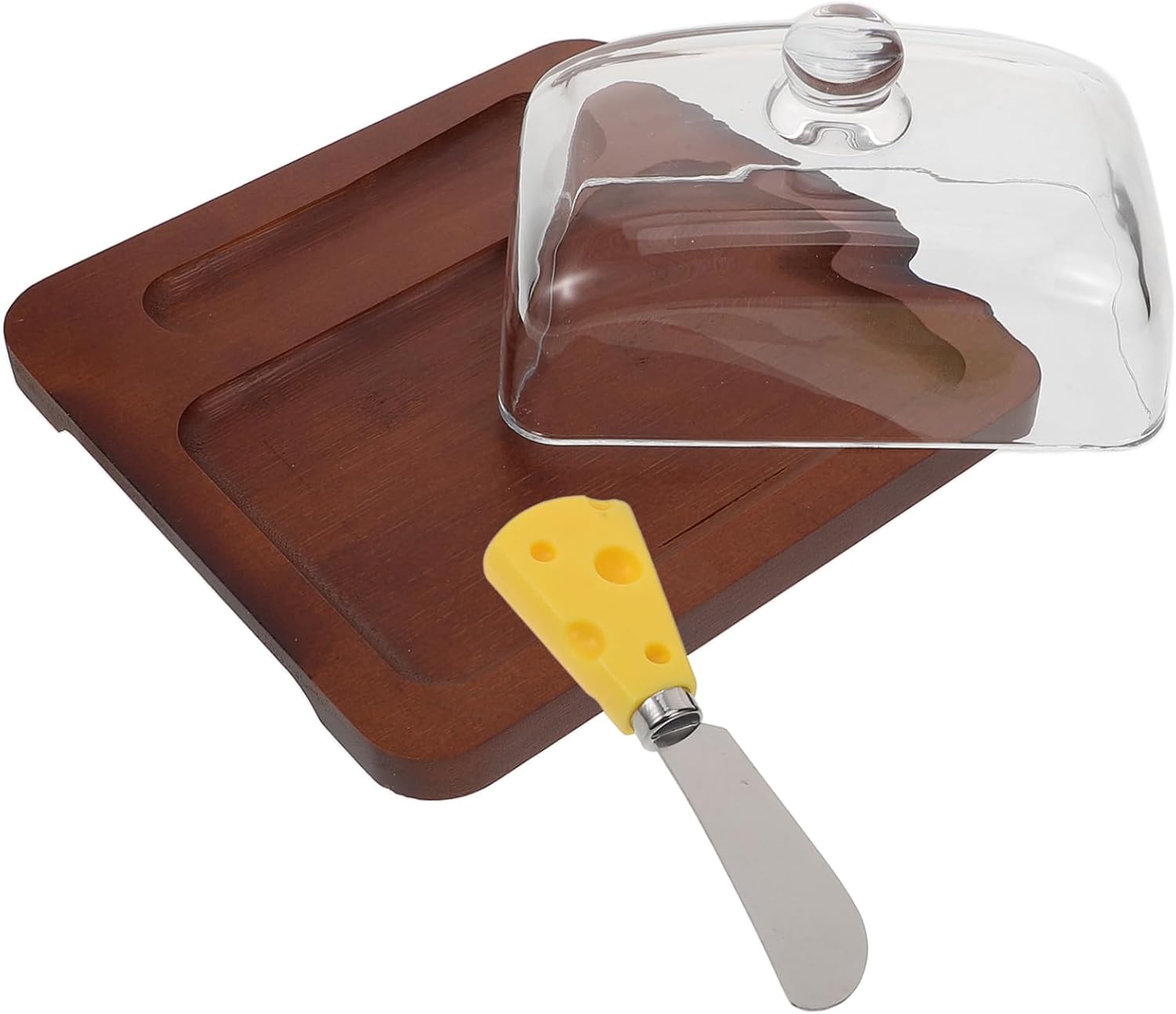 1set Wood Butter Dish with Glass Dome and Metal Cutter Clear Butter Holder for Cheese Deep for Kitchen and Dining