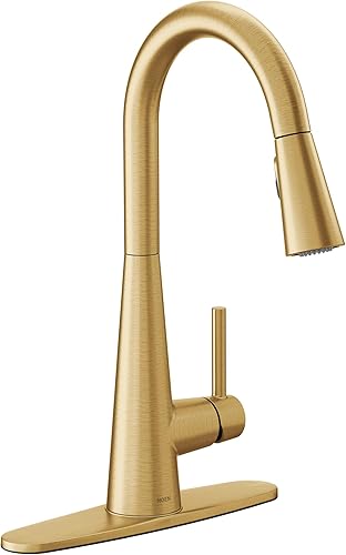 Moen Elegante grifo de cocina de arco alto de una manija de oro cepillado con cabezal rociador extraíble, con potencia Boost, 7864BG
