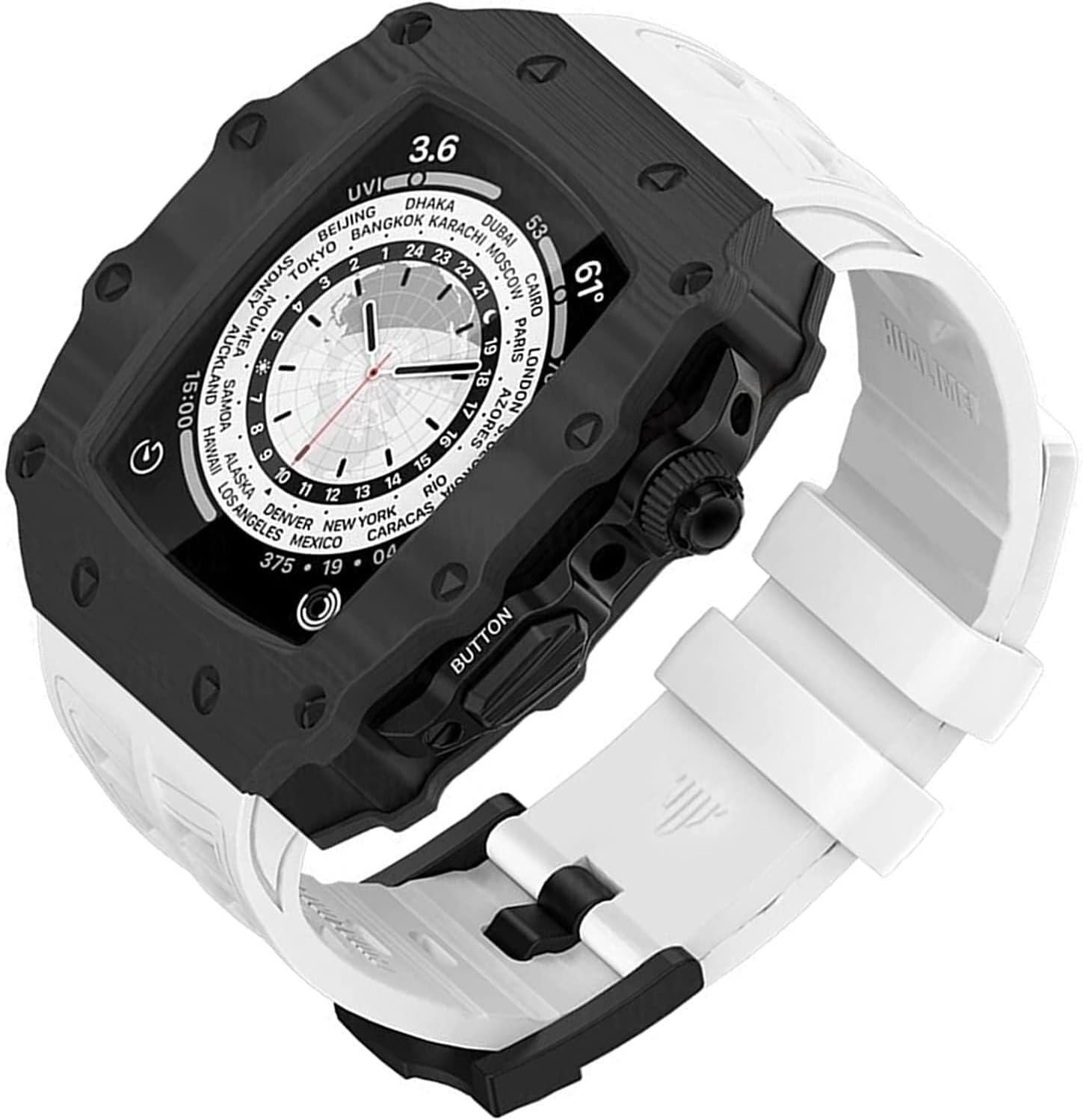 Carbon Fiber Watch Case Fluorine Rubber Watch Band Mod Kit，For Apple Watch 8 7 6 5 4 SE 44mm 45mm Series Watch Upgrade Replace RM Style Frame Bezel Modification Kit