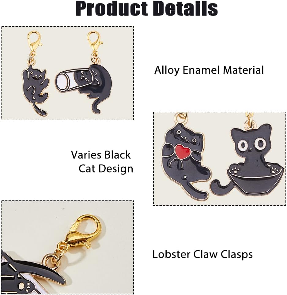 Hobbspring 24Pcs Stitch Markers for Crocheting and Knitting 8 Styles Black Cat Alloy Lobster Clasps Enamel Locking Charms Durable Craft for Knitting Earring Jewelry Making Accessories image 4