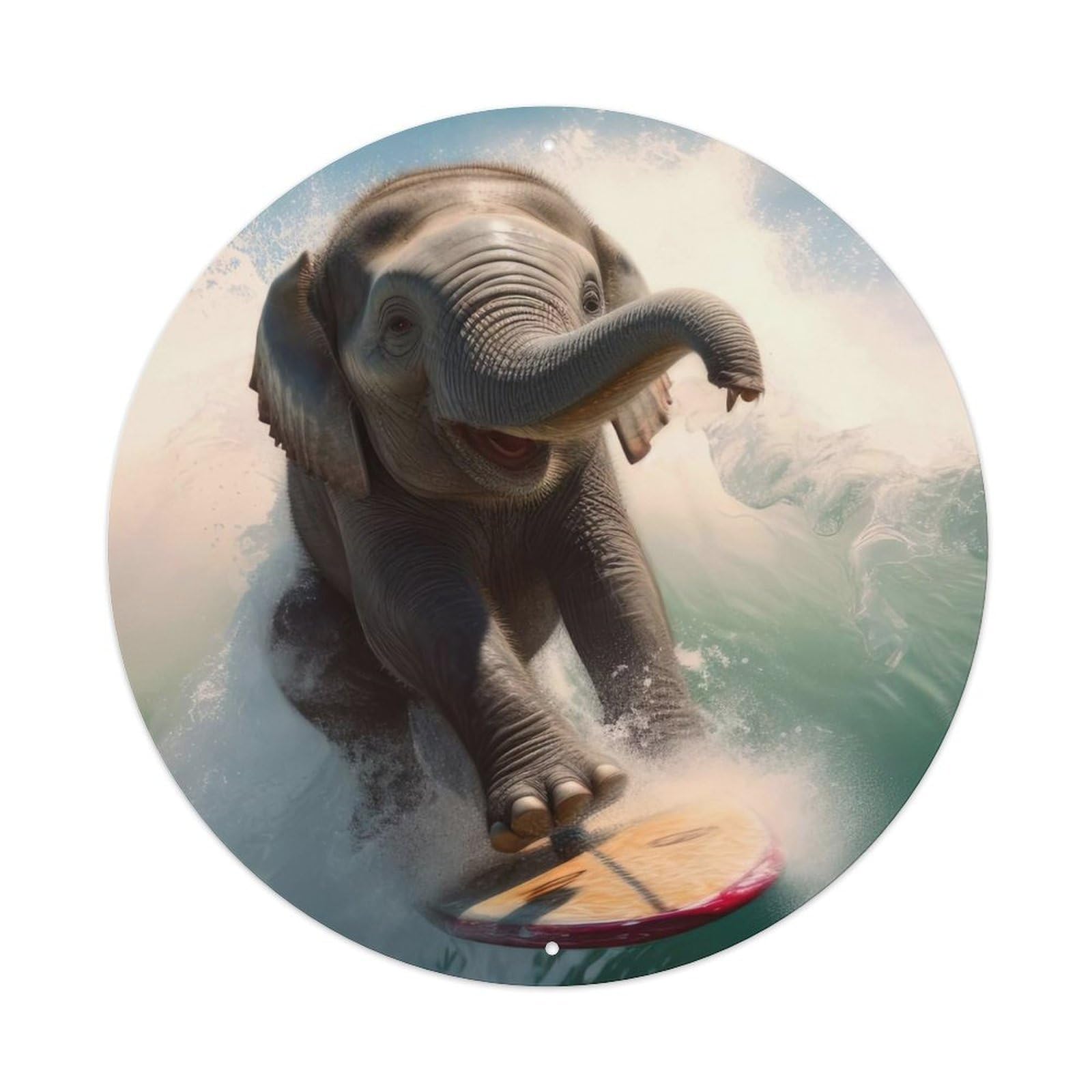 Animal Artwork Surfing Elephant Vintage Metal Tin Sign Plaque Wall Decor for Cafe, Club Bar, Office, Garden Metal Poster 8x8Inch
