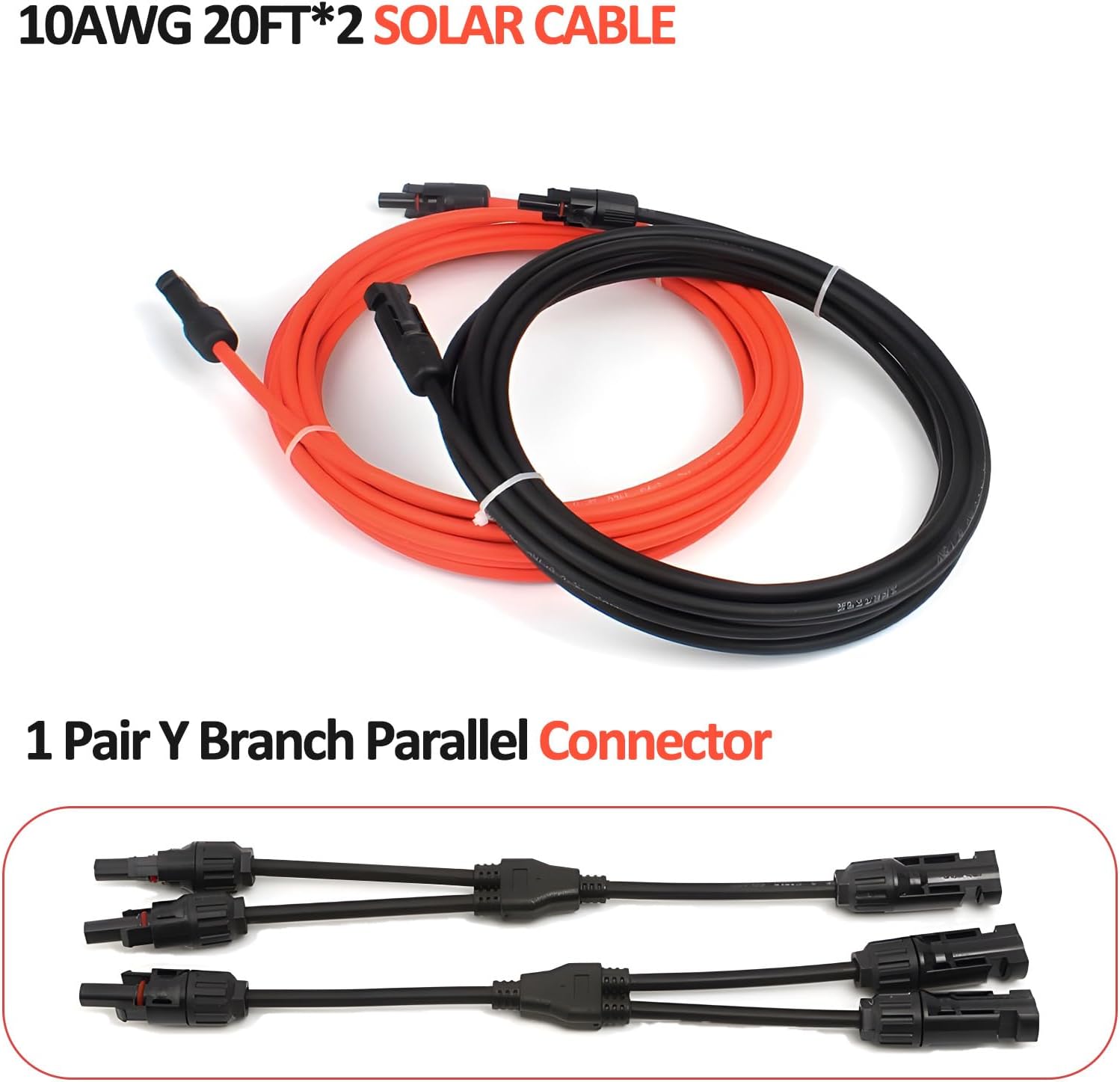 20 FT 10AWG Solar Extension Cable with Female and Male Connector with Extra Free Pair of Solar Y Connector Adaptor Kit for Home, Ship and RV Solar Panels (20FT Red + 20FT Black)