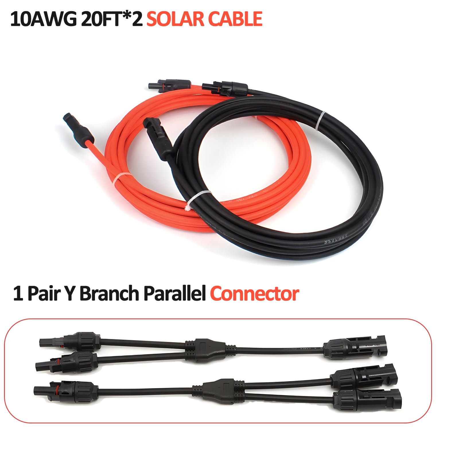 Cavo di prolunga solare con connettore femmina e maschio, 6 m, 10 AWG, con coppia di adattatori per pannelli solari a Y per casa, nave e camper (6 m rosso + 6 m nero)