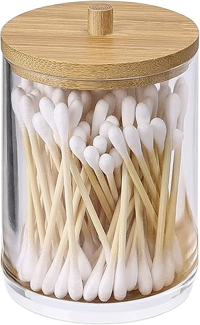 Olymajy Cotton Pad Holder with Bamboo Lid Acrylic Clear Cotton Bud Holder, Cotton Pad Dispenser for Dressing Table, Cosmetic Swab Organizer, Suitable for Bedroom, Desk and Bathroom