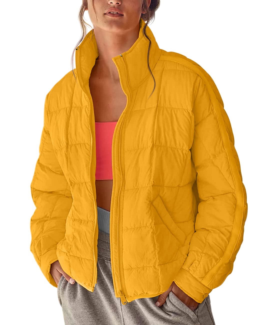 Aiopr Women's Oversized Lightweight Down Coat Long Sleeve Zip Packable Short Puffer Jackets