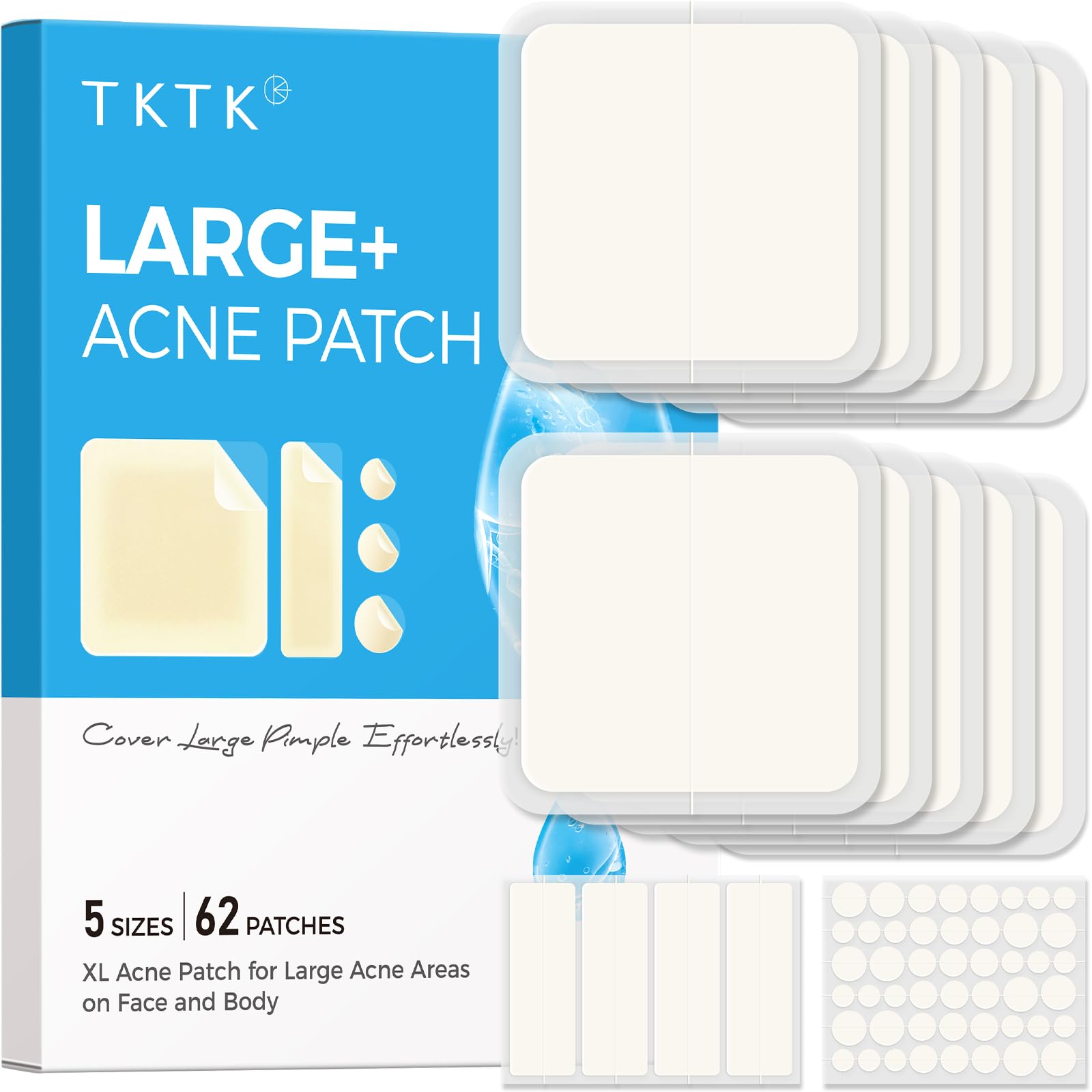 TKTK Large Pimple Patches, 60 mm XL Acne Patches, Big Hydrocolloid Bandages for Body, Face, Forehead, Chin, Neck Zit Breakouts, Hydrocolloid Patch (Square, Strip, Dot 5 Sizes 62 Count)