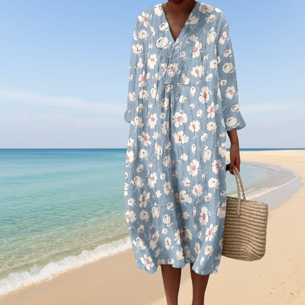 Women Spring Boho Floral Print Maxi Dress Casual Long Sleeve V Neck Loose A Line Beach Vacation Dress with Pocket - Image 2
