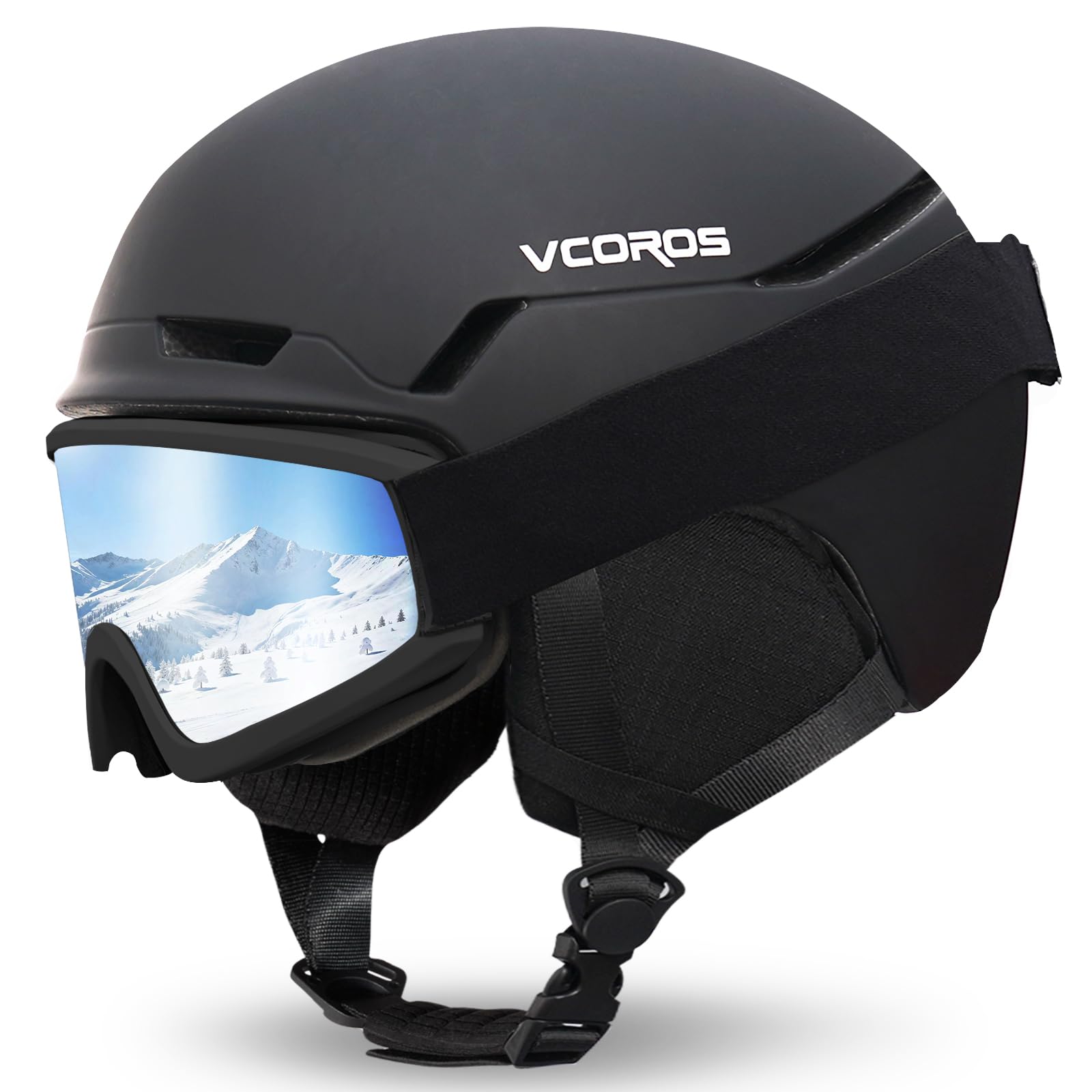 Casco de Esquí Kit con Gafas de Esquí, Capucha Transpirable UV, Orejeras Extraíbles para Hombre Mujer