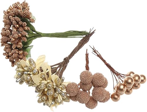 Miniatura 5 de 24 piezas de estambres de flores doradas Pistilo de 0.394 in de diámetro, bayas para manualidades, tartas, Navidad, boda, caja de regalo, coronas