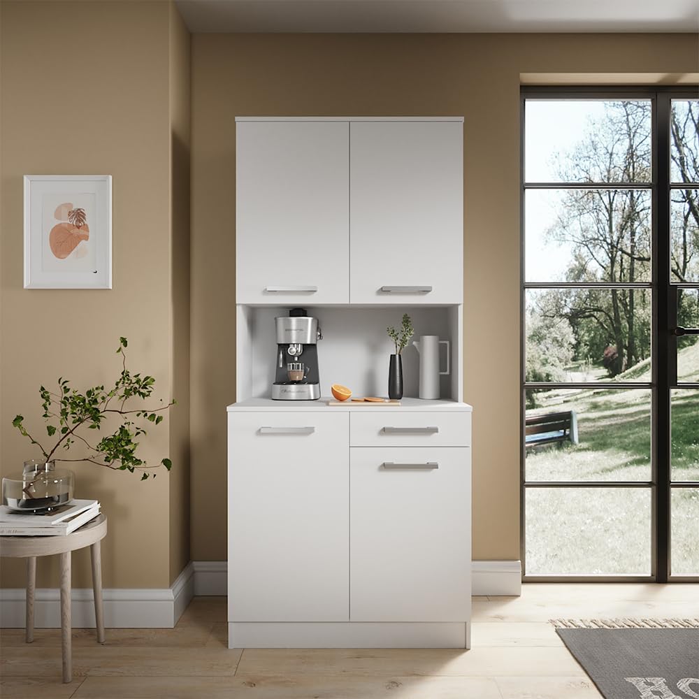 Vicco Küchenbuffet Raul, Weiß, 83.6 x 188.5 cm mit 4 Türen & 1 Schublade, mit offener Geräteablage und kombinierbar mit Zusatzmodulen