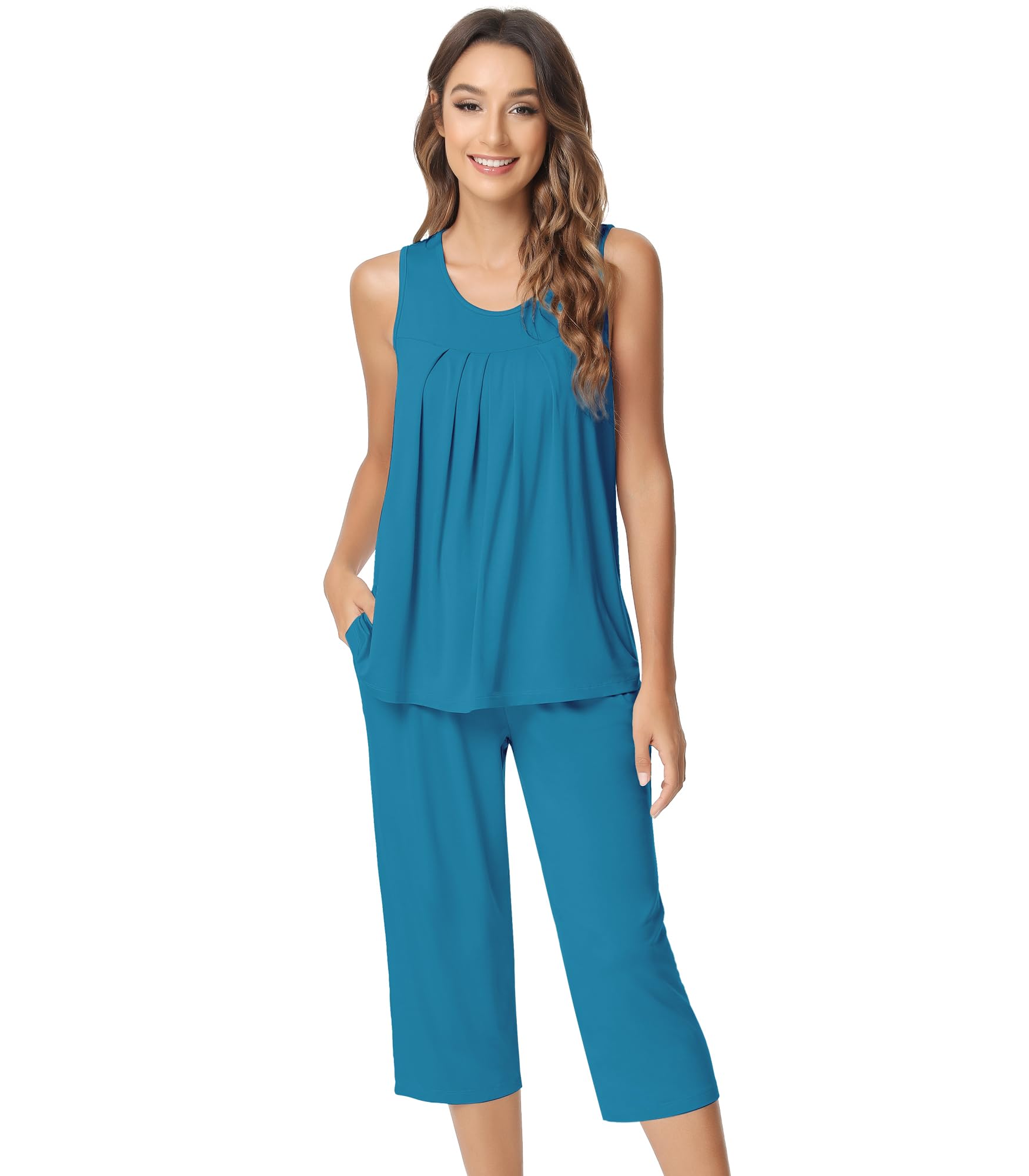 NACHILA Pajamas for Women-Viscose Made from Bamboo, Sleeveless Pjs Tank Top Capri Pants Pajama Sets Cooling Sleepwear