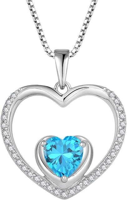 FJ Heart Necklaces for Women 925 Sterling Silver Birthstone Pendant Jewellery Gifts for Women Mom Wife Girls Her