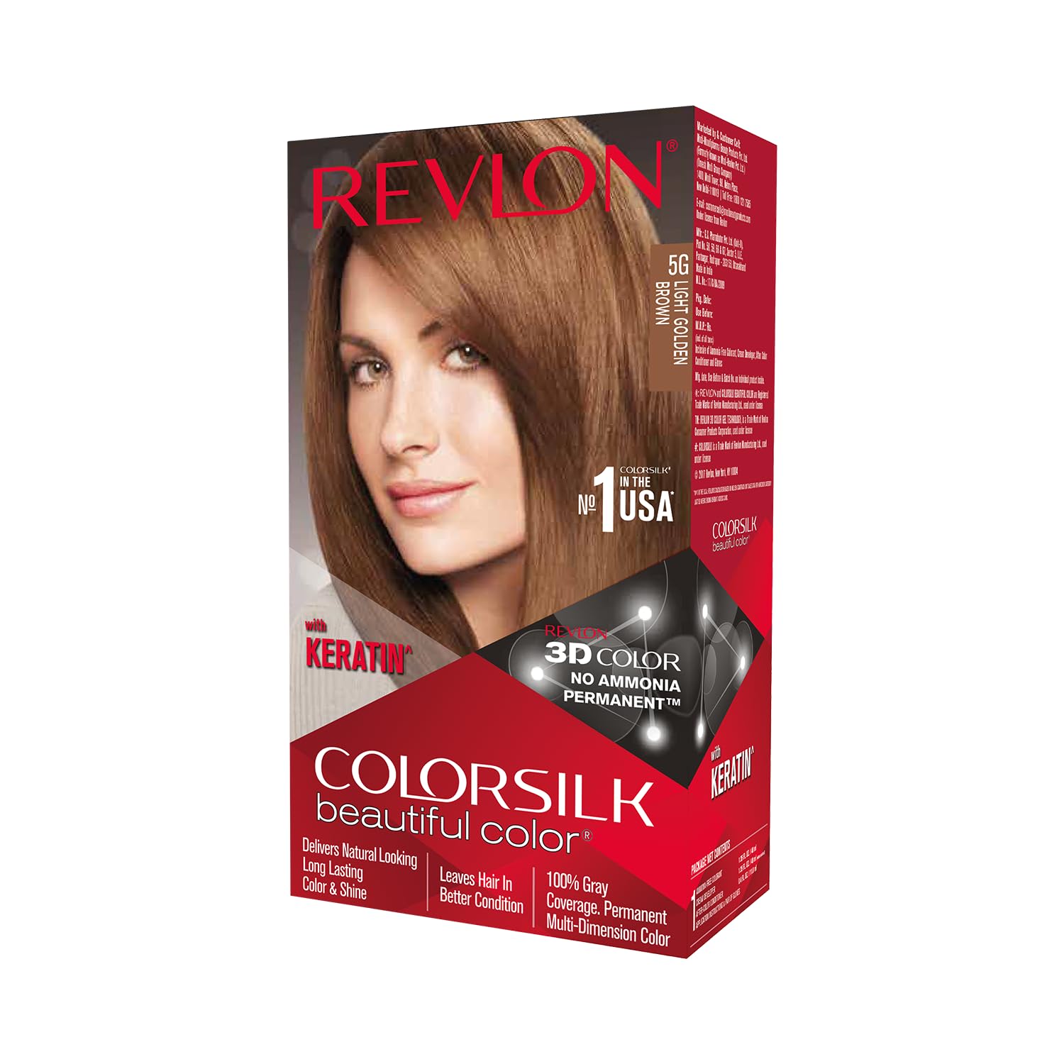 ColorSilk Permanent Hair Color For Women, Salon Perfect Hair Colour at Home with 100% Grey Coverage, Pro-Keratin & No Ammonia, Up to 8 Weeks of Colour, Shade - Light Golden Brown 5G(Pack of 1)