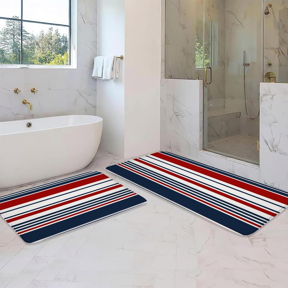 2 Pcs Navy Blue and Pink Striped Bath Mat Bathroom Rug Vertical Stripe Minimalist Modern Vintage Classic Memory Foam Soft Floor Rug, 24"x35"and 17.8"x29.5"