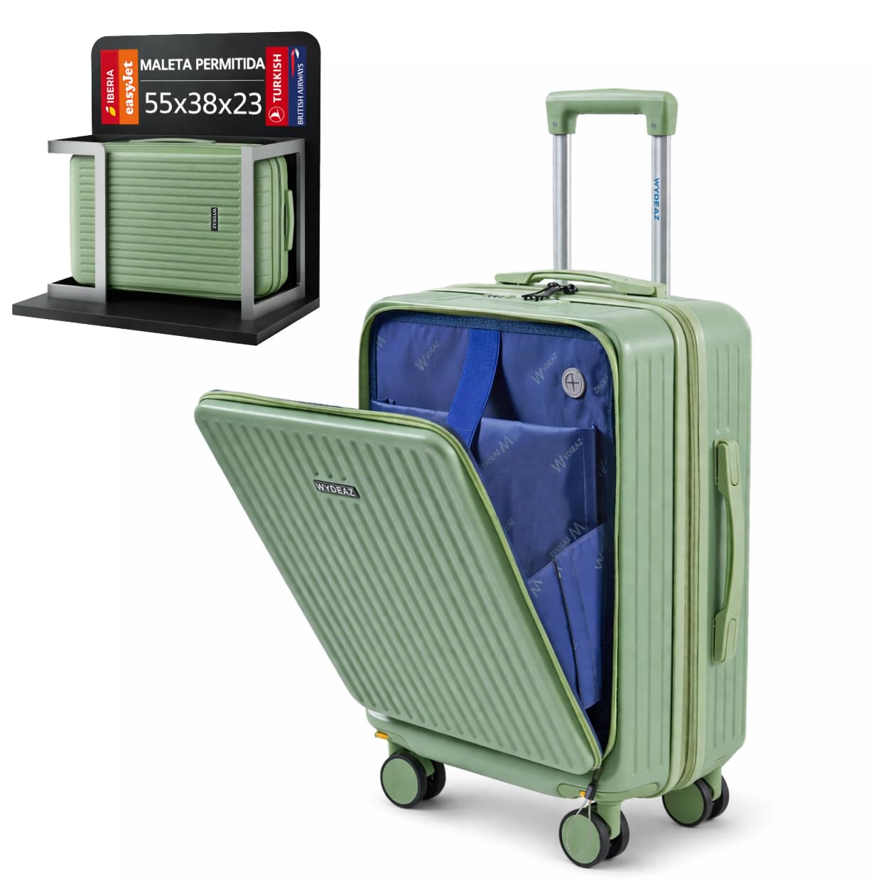 WYDEAZ Maleta de Cabina 55x38x23 cm, Trolley Rígido ABS+PC Ligero con 4 Ruedas 360°, Apertura Frontal, Puerto USB, Cierre de Combinación, Equipaje de Mano
