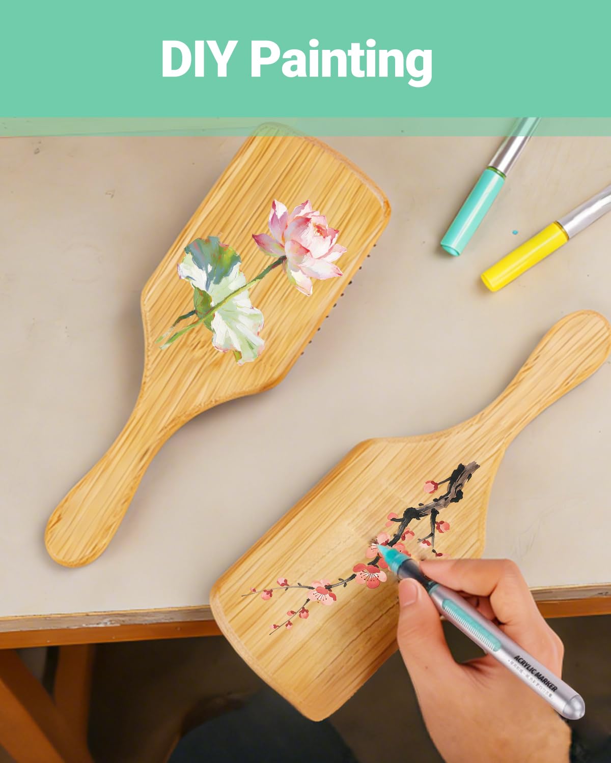 DIY Bamboo Hair Brush Painting Kit – 6 PCS Hairbrush Set with 12 Multicolor Paint Markers for Custom Decor, Scalp Massaging Detangling Hairbrushes, Creative Gift & Craft Activity