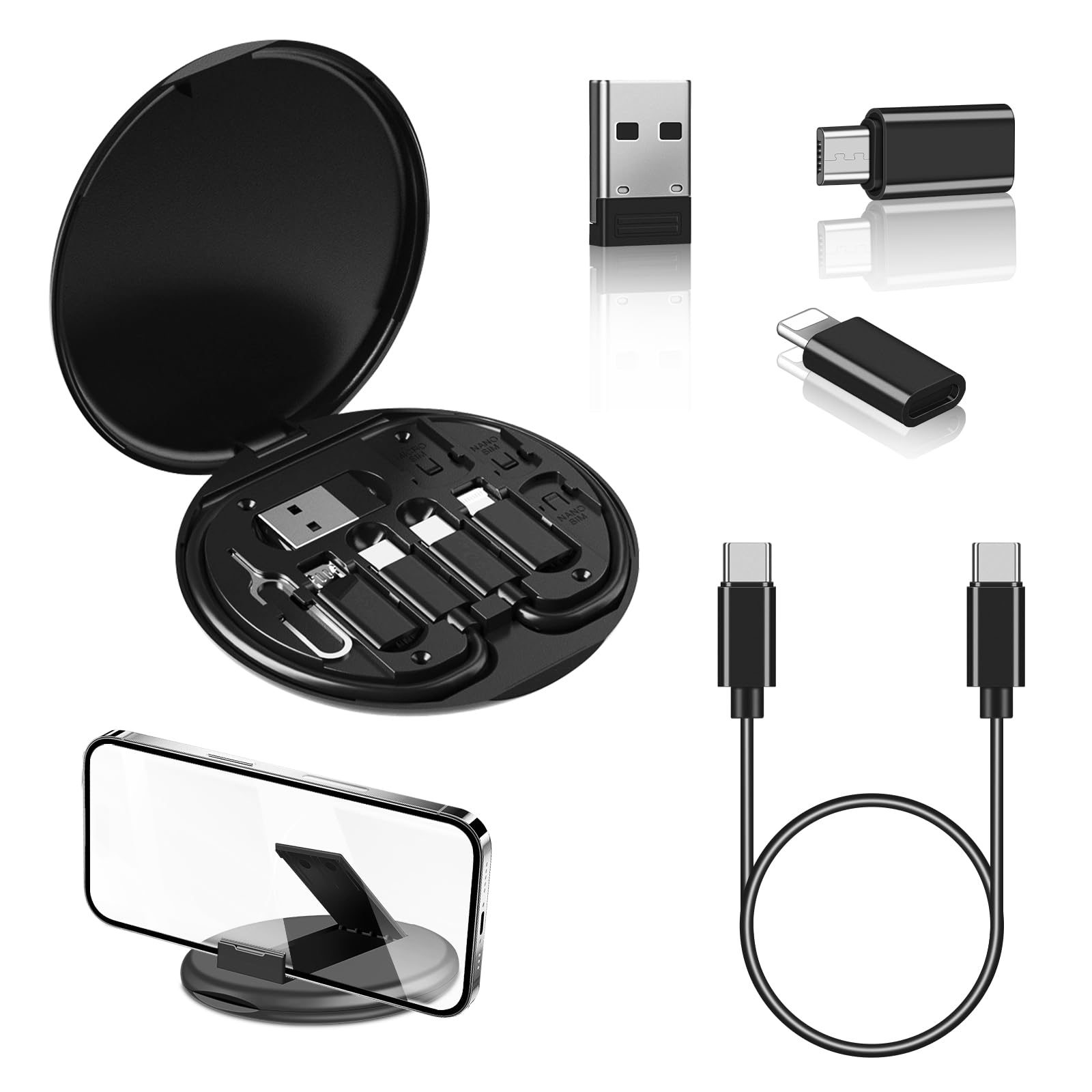 Multifunctional Data Cable Storage Box Adaptor 60W Fast Charge Multi Type Charging Line Convertor Set for USB-C & Micro-USB Devices Travel Phone Holder Data Transfer Cable Black