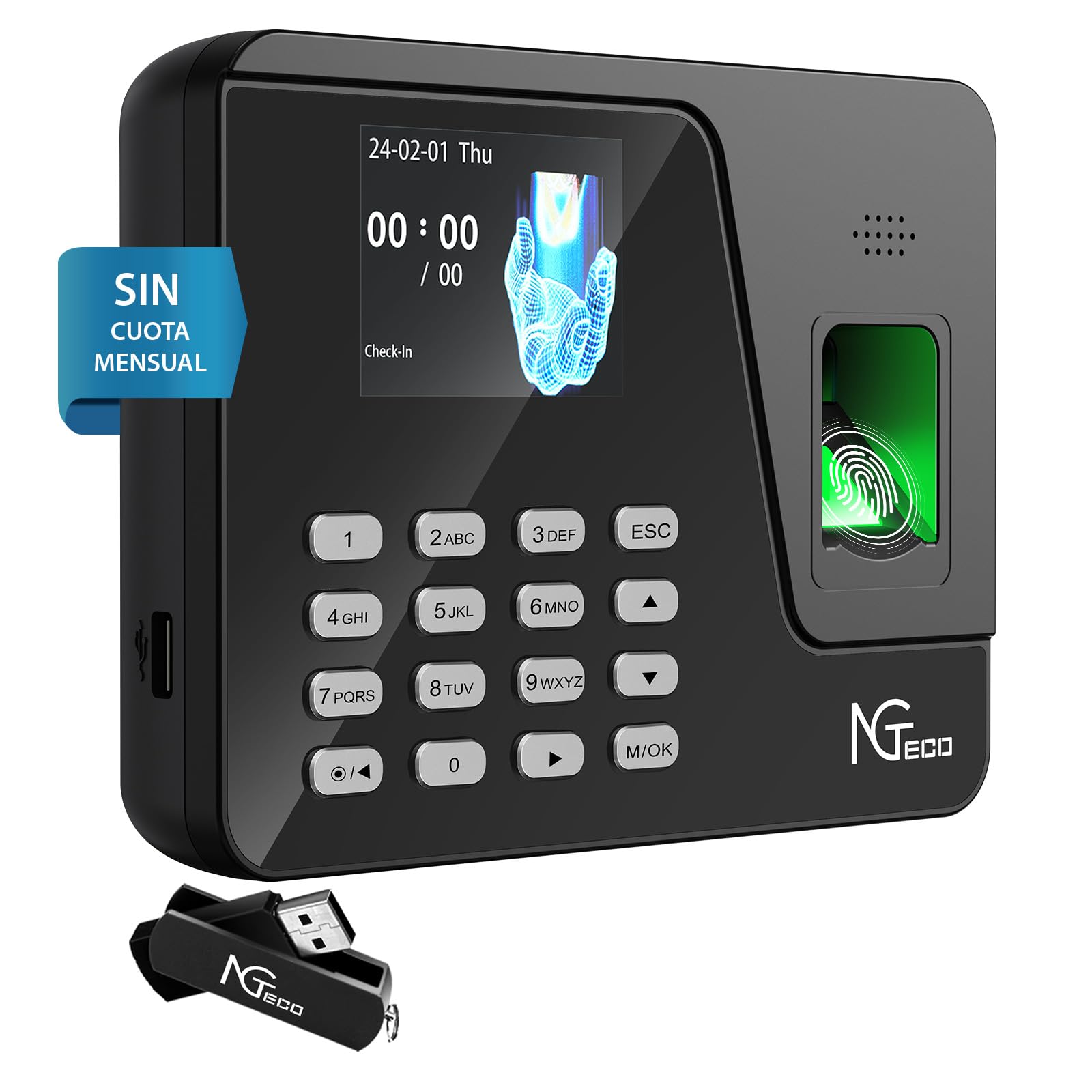 NGTeco Control Horario Empleados con Instalación Sencilla para Pequeñas Empresas en España, Funciona sin Internet, Cálculo Automático y Reloj Fichar con Huella AS10 (Sin Cuota Mensual)