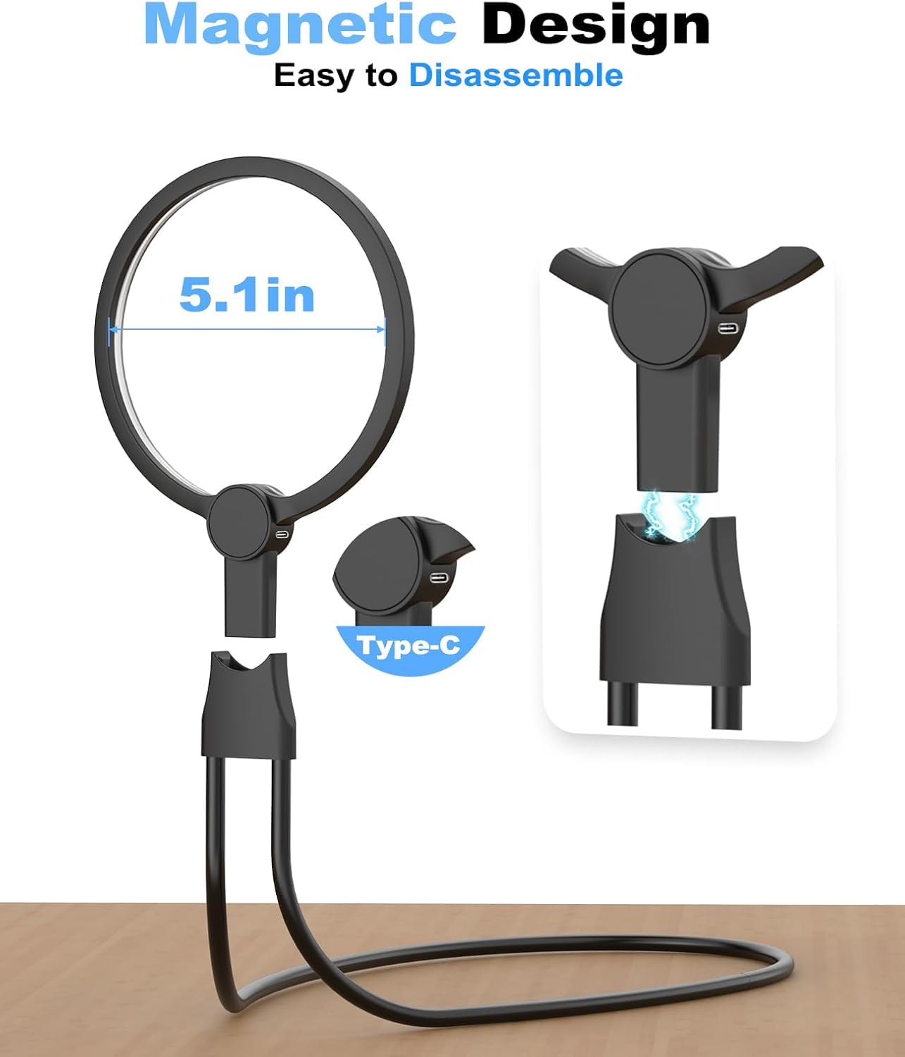 Lupa manos libres 5X con 24 luces LED, lupa recargable de 5.1 pulgadas con cuello de cisne flexible para uso en el cuello, lupa de página grande para personas mayores leer, reparar, coser, punto de