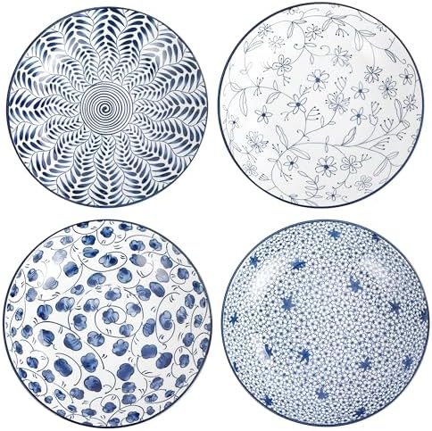 Keramik Pastateller Set von 4, Blau und Weiß Porzellan 20cm Salatschüsseln, Abendessen Flache Teller Servieren Vorspeise Salat Dessert Snack Schale (20cm)