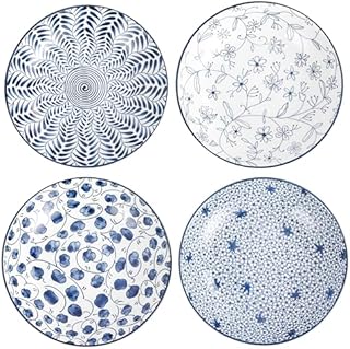 Keramik Pastateller Set von 4, Blau und Weiß Porzellan 20cm Salatschüsseln, Abendessen Flache Teller Servieren Vorspeise Salat Dessert Snack Schale (20cm)