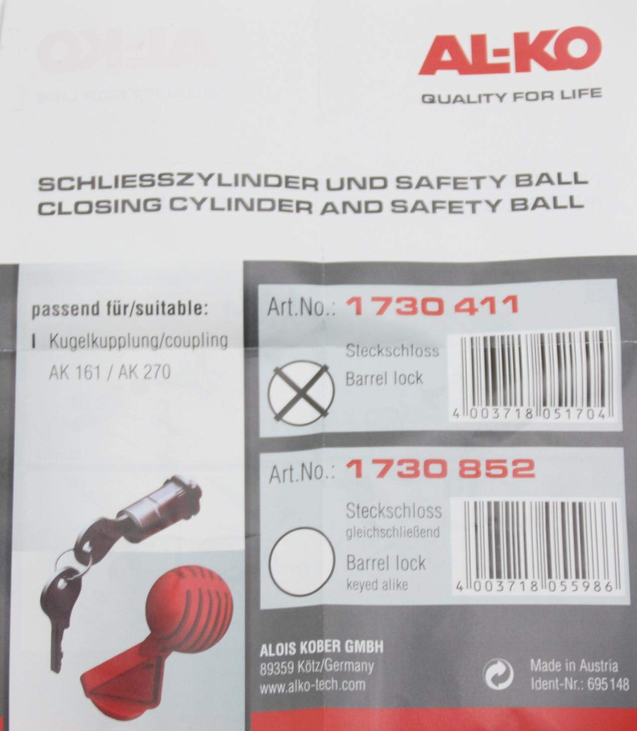 Alko Steckschloss Schliesszylinder Schloß für AK 161 und AK 270 + Safetyball 1730411