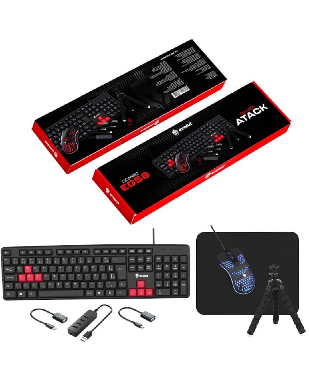 Kit Mobilador Gamer EG-58, Teclado com Teclas Vermelhas, Mouse com