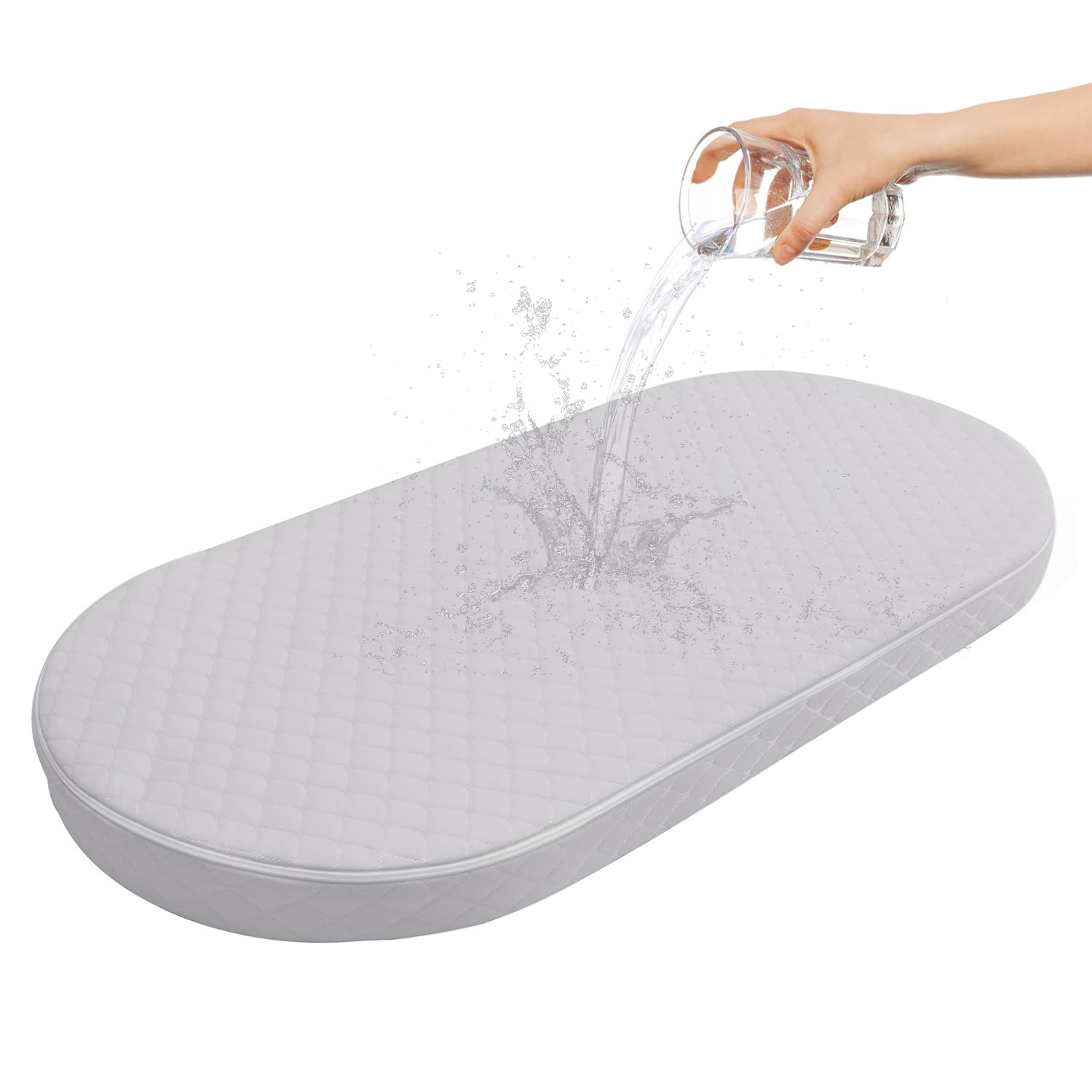 Baby Bassinet Mattress Compatible with Dream On Me/Fisher-Price Baby Bedside Sleeper, Breathable, Premium Foam, Oval Shaped with Removal Waterproof Cover,15" x 30" x 2''