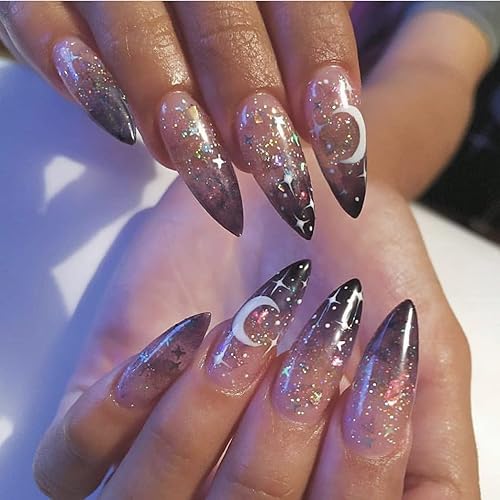 Acenail Extra Long Stiletto Press on Nails Glitter Glossy Moon Star False Nails French Clear Ombre Fake Nails Acrylic Full Cover Nail Accessory for Women and Girls 24Pcs