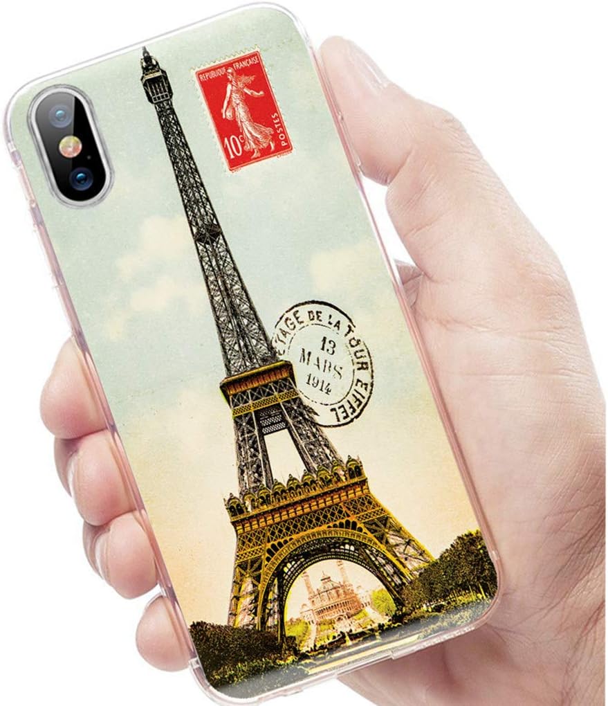 iPhone Xs Case Cute,iPhone X Case Cool,iPhone 10 Case,ChiChiC Slim Flexible Soft Rubber Silicone TPU Clear Case Cover with Design for Apple iPhone Xs X 10, Vintage Postcard with Eiffel Tower in Paris