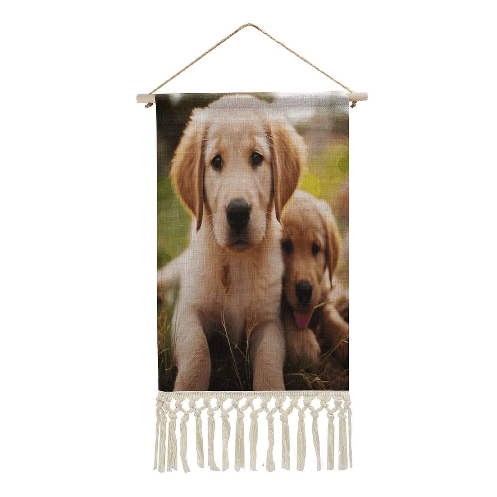 VstaDank Cute Golden Retriever Puppy Wall Art Decor with Tassels 20"x10" Cotton Linen Hanging Tapestry Decor Wall Art Prints Wood Frame Boho Wall Art Poster for Bedroom Living Room Office